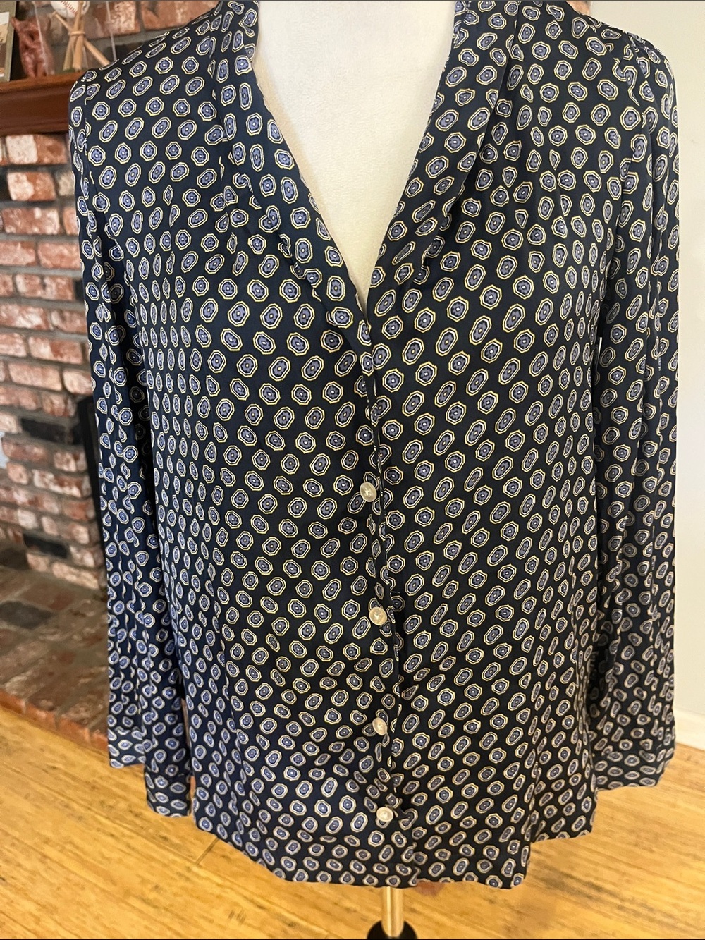 Something Navy PTP 19 Navy and White Printed Button-Front Blouse